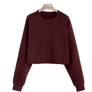 Cropped Crewneck Sweatshirt – Cutoff Hem Maroon Burgundy Athleisure (S)